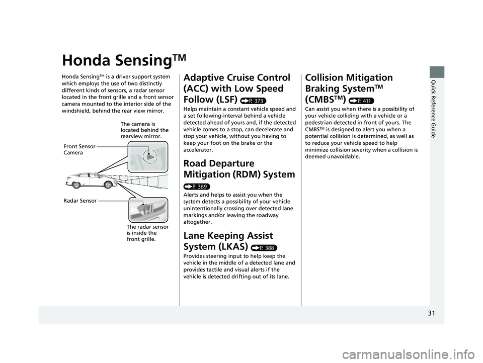 HONDA CLARITY ELECTRIC 2017   (in English) Owners Guide 31
Quick Reference Guide
Honda SensingTM
Honda SensingTM is a driver support system 
which employs the use of two distinctly 
different kinds of sensors, a radar sensor 
located in the front grille an