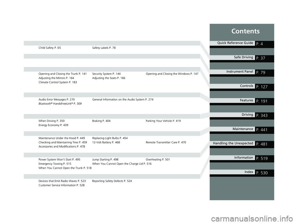 HONDA CLARITY ELECTRIC 2017  Owners Manual (in English) Contents
Child Safety P. 65Safety Labels P. 78
Opening and Closing the Trunk P. 141 Security System P. 144 Opening and Closing the Windows P. 147
Adjusting the Mirrors P. 164 Adjusting the Seats P. 16