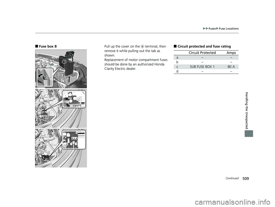 HONDA CLARITY ELECTRIC 2017  Owners Manual (in English) 509
uuFuses uFuse Locations
Continued
Handling the Unexpected
■Fuse box B
Tab
Pull up the cover on the  + terminal, then 
remove it while pulling out the tab as 
shown.
Replacement of motor compartm