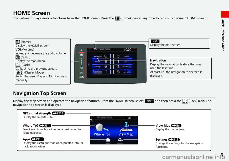 HONDA CLARITY ELECTRIC 2017  Navigation Manual (in English) 3
Quick Reference GuideHOME Screen   
The system displays various functions from the HOME screen. Press the   (Home) icon at  any time to return to the main HOME scree n.
Navigation Top Screen
Display