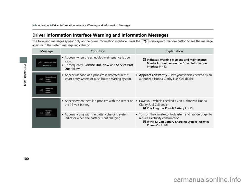 HONDA CLARITY FUEL CELL 2017  Owners Manual (in English) 100
uuIndicators uDriver Information Interface Wa rning and Information Messages
Instrument Panel
Driver Information Interface Warning and Information Messages
The following messages appear only  on t
