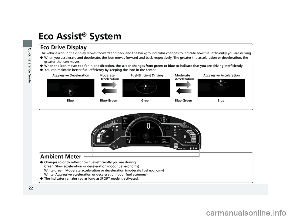 HONDA CLARITY FUEL CELL 2017 (in English) Owners Guide 22
Quick Reference Guide
Eco Assist® System
Blue Green Blue
Blue-Green
Aggressive Deceleration Moderate
DecelerationFuel-Efficient Driving Moderate
AccelerationAggressive Acceleration
Ambient Meter HONDA CLARITY FUEL CELL 2017 (in English) Owners Guide 22
Quick Reference Guide
Eco Assist® System
Blue Green Blue
Blue-Green
Aggressive Deceleration Moderate
DecelerationFuel-Efficient Driving Moderate
AccelerationAggressive Acceleration
Ambient Meter