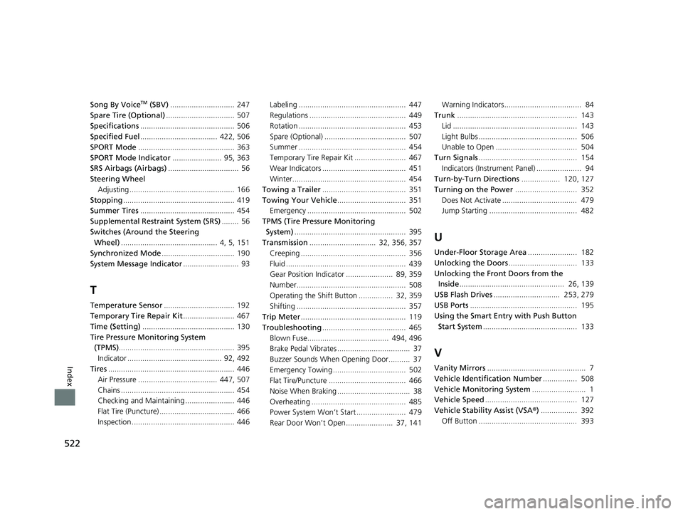 HONDA CLARITY FUEL CELL 2017  Owners Manual (in English) 522
Index
Song By VoiceTM (SBV).............................. 247
Spare Tire (Optional) ................................ 507
Specifications ............................................ 506
Specified F