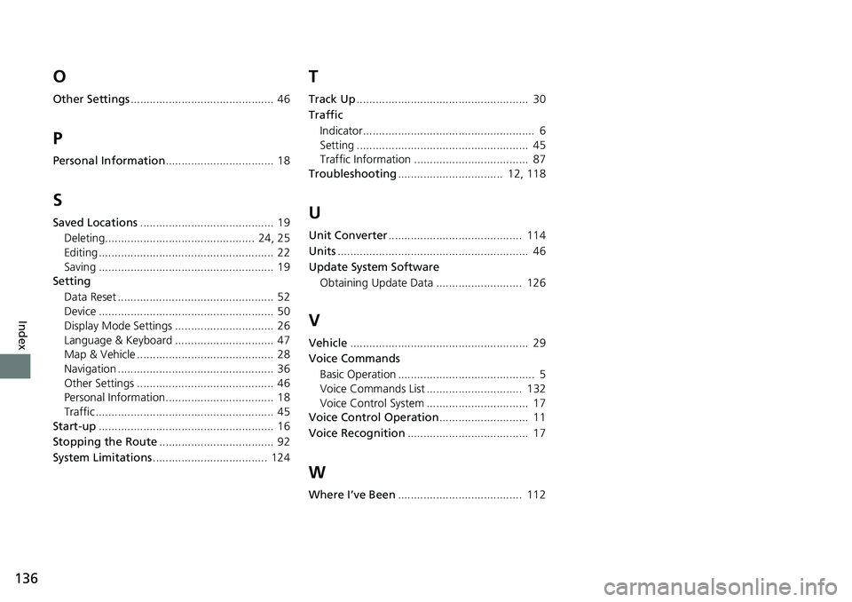 HONDA CLARITY FUEL CELL 2017 Navigation Manual (in English) 136
Index
O
Other Settings............................................. 46
P
Personal Information .................................. 18
S
Saved Locations.......................................... 1 HONDA CLARITY FUEL CELL 2017 Navigation Manual (in English) 136
Index
O
Other Settings............................................. 46
P
Personal Information .................................. 18
S
Saved Locations.......................................... 1