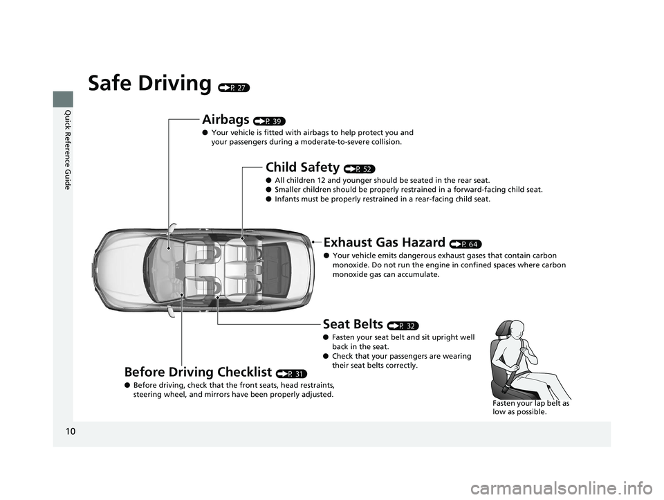 HONDA ACCORD SEDAN 2016  Owners Manual (in English) 10
Quick Reference Guide
Safe Driving (P 27)
Airbags (P 39)
● Your vehicle is fitted with ai rbags to help protect you and 
your passengers during a moderate-to-severe collision.
Child Safety (P 52)