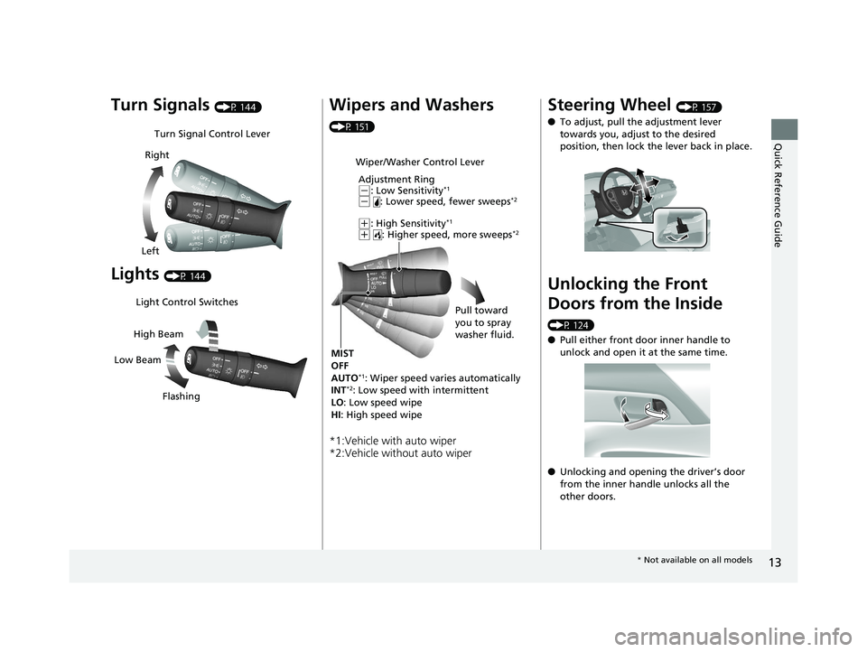 HONDA ACCORD SEDAN 2016 (in English) User Guide 13
Quick Reference Guide
Turn Signals (P 144)
Lights (P 144)
Turn Signal Control Lever
Right
Left
Light Control Switches
Low Beam High Beam
Flashing
Wipers and Washers
(P 151)
*1:Vehicle with auto wi HONDA ACCORD SEDAN 2016 (in English) User Guide 13
Quick Reference Guide
Turn Signals (P 144)
Lights (P 144)
Turn Signal Control Lever
Right
Left
Light Control Switches
Low Beam High Beam
Flashing
Wipers and Washers
(P 151)
*1:Vehicle with auto wi