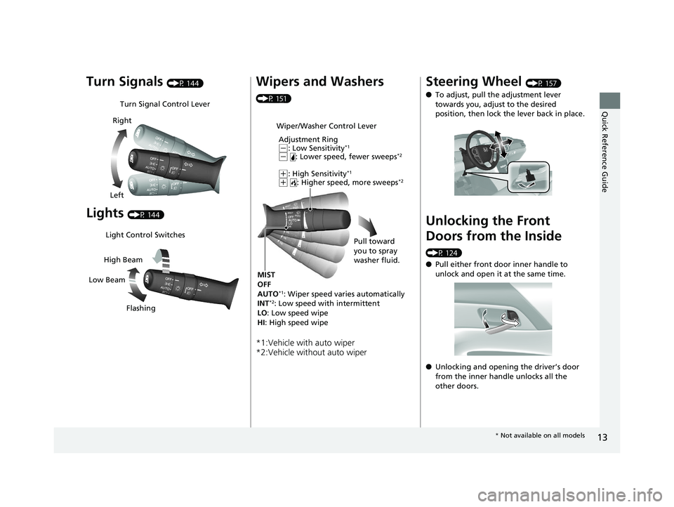 HONDA ACCORD SEDAN 2016  Owners Manual (in English) 13
Quick Reference Guide
Turn Signals (P 144)
Lights (P 144)
Turn Signal Control Lever
Right
Left
Light Control Switches
Low Beam High Beam
Flashing
Wipers and Washers 
(P 151)
*1:Vehicle with auto wi