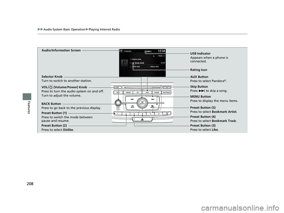 HONDA ACCORD SEDAN 2016 Owners Manual (in English) 208
uuAudio System Basic Operation uPlaying Internet Radio
Features
Audio/Information Screen
AUX Button
Press to select Pandora®.
Skip Button
Press to skip a song.
MENU Button
Press to display the HONDA ACCORD SEDAN 2016 Owners Manual (in English) 208
uuAudio System Basic Operation uPlaying Internet Radio
Features
Audio/Information Screen
AUX Button
Press to select Pandora®.
Skip Button
Press to skip a song.
MENU Button
Press to display the