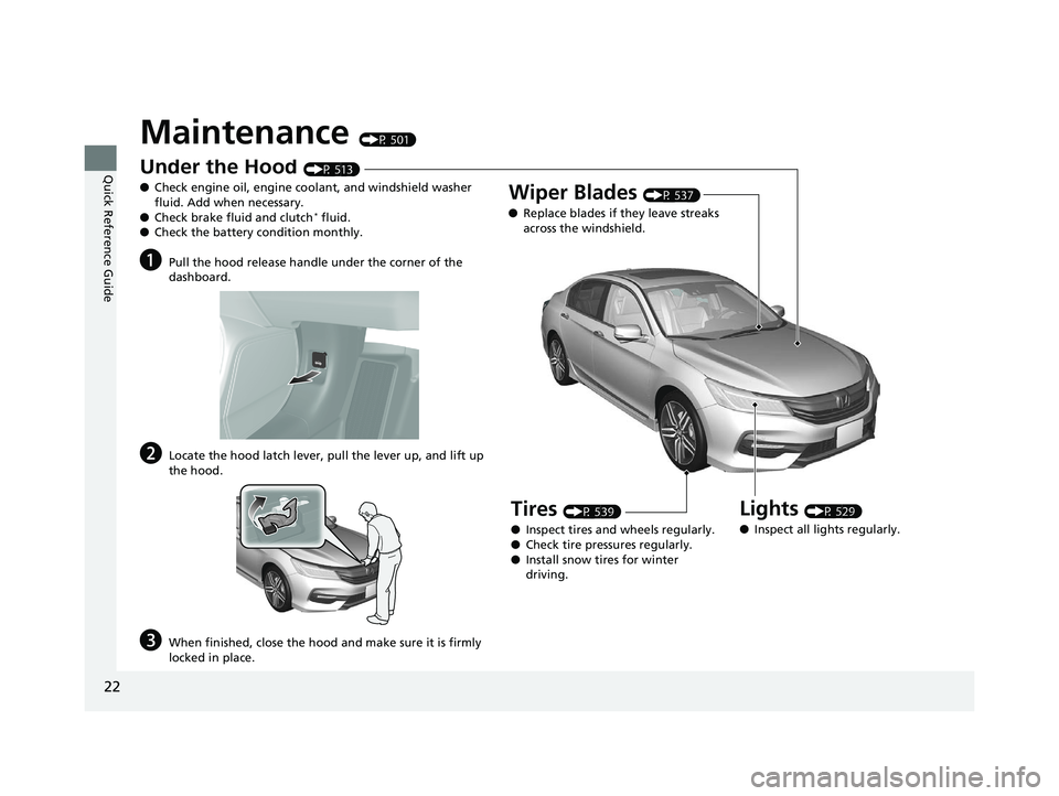 HONDA ACCORD SEDAN 2016  Owners Manual (in English) 22
Quick Reference Guide
Maintenance (P 501)
Under the Hood (P 513)
● Check engine oil, engine coolant, and windshield washer 
fluid. Add when necessary.
● Check brake fluid and clutch
* fluid.
�