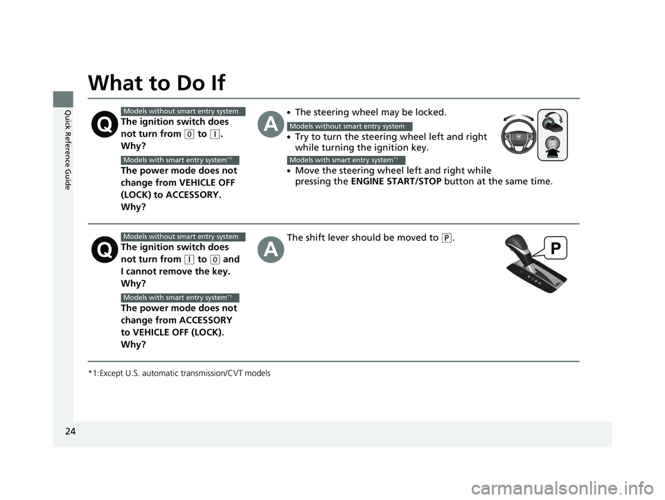 HONDA ACCORD SEDAN 2016  Owners Manual (in English) 24
Quick Reference Guide
What to Do If
*1:Except U.S. automatic transmission/CVT models
The ignition switch does 
not turn from 
(0 to (q. 
Why?
The power mode does not 
change from VEHICLE OFF 
(LOCK