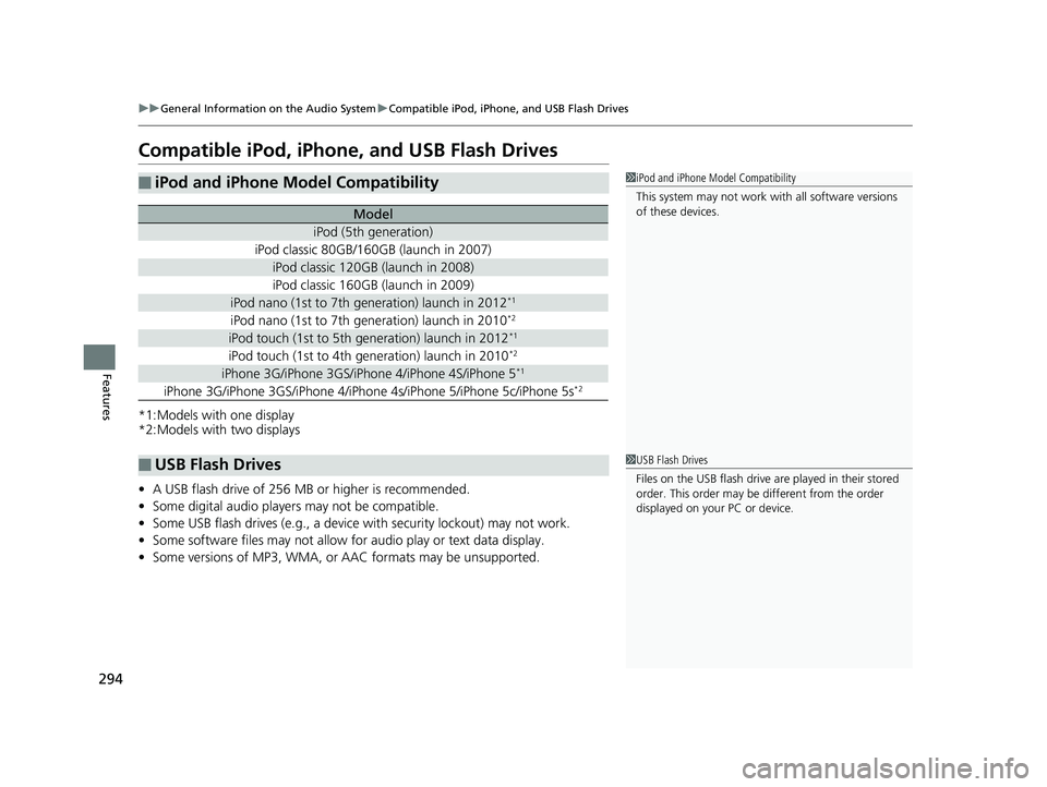 HONDA ACCORD SEDAN 2016 Owners Manual (in English) 294
uuGeneral Information on the Audio System uCompatible iPod, iPhone, and USB Flash Drives
Features
Compatible iPod, iPhone, and USB Flash Drives
*1:Models with one display
*2:Models with two displa HONDA ACCORD SEDAN 2016 Owners Manual (in English) 294
uuGeneral Information on the Audio System uCompatible iPod, iPhone, and USB Flash Drives
Features
Compatible iPod, iPhone, and USB Flash Drives
*1:Models with one display
*2:Models with two displa