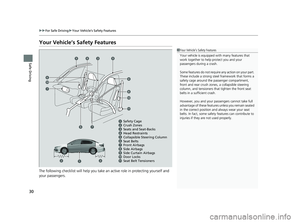 HONDA ACCORD SEDAN 2016 (in English) Owners Guide 30
uuFor Safe Driving uYour Vehicle’s Safety Features
Safe Driving
Your Vehicle’s Safety Features
The following checklist will help you take an active role in protecting yourself and
your passen HONDA ACCORD SEDAN 2016 (in English) Owners Guide 30
uuFor Safe Driving uYour Vehicle’s Safety Features
Safe Driving
Your Vehicle’s Safety Features
The following checklist will help you take an active role in protecting yourself and
your passen