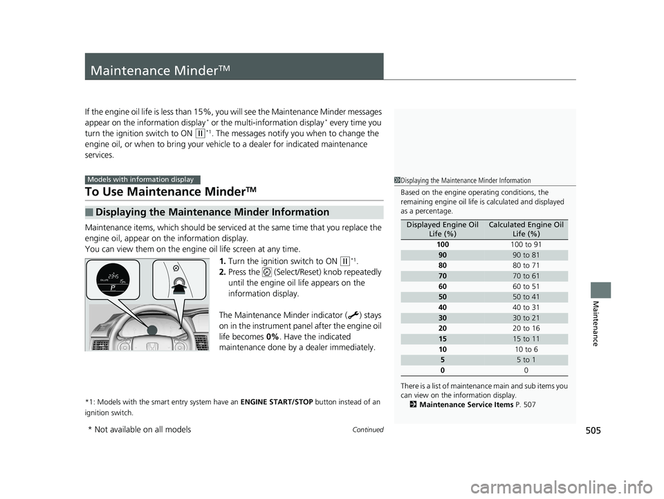 HONDA ACCORD SEDAN 2016 Owners Manual (in English) 505Continued
Maintenance
Maintenance MinderTM
If the engine oil life is less than 15%, you will see the Maintenance Minder messages
appear on the information display* or the multi-information display HONDA ACCORD SEDAN 2016 Owners Manual (in English) 505Continued
Maintenance
Maintenance MinderTM
If the engine oil life is less than 15%, you will see the Maintenance Minder messages
appear on the information display* or the multi-information display