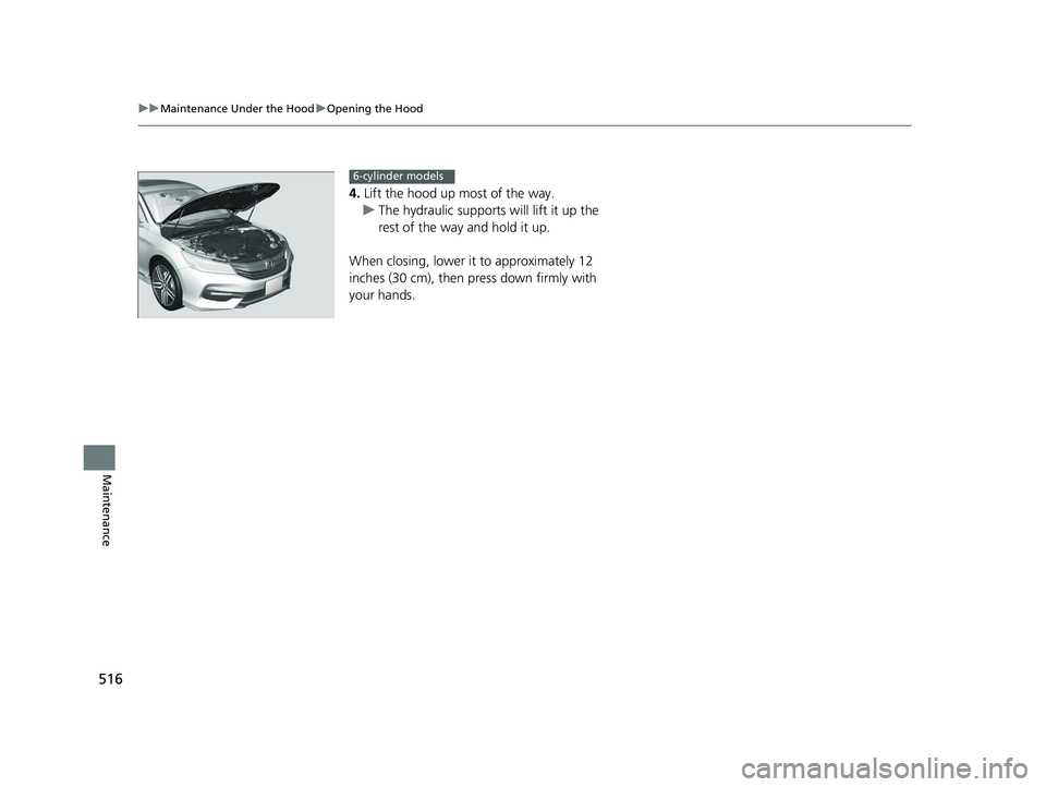 HONDA ACCORD SEDAN 2016 Owners Manual (in English) 516
uuMaintenance Under the Hood uOpening the Hood
Maintenance
4. Lift the hood up most of the way.
u The hydraulic supports will lift it up the
rest of the way and hold it up.
When closing, lower it HONDA ACCORD SEDAN 2016 Owners Manual (in English) 516
uuMaintenance Under the Hood uOpening the Hood
Maintenance
4. Lift the hood up most of the way.
u The hydraulic supports will lift it up the
rest of the way and hold it up.
When closing, lower it
