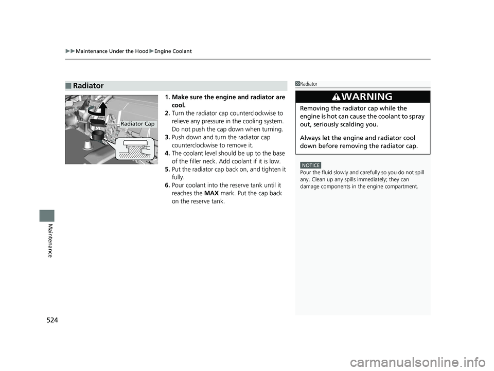 HONDA ACCORD SEDAN 2016 Owners Manual (in English) uuMaintenance Under the Hood uEngine Coolant
524
Maintenance
1. Make sure the engine and radiator are
cool.
2. Turn the radiator cap counterclockwise to
relieve any pressure in the cooling system. HONDA ACCORD SEDAN 2016 Owners Manual (in English) uuMaintenance Under the Hood uEngine Coolant
524
Maintenance
1. Make sure the engine and radiator are
cool.
2. Turn the radiator cap counterclockwise to
relieve any pressure in the cooling system.