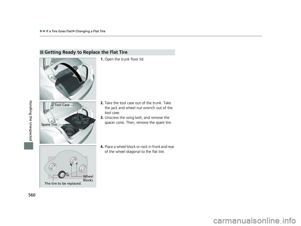 HONDA ACCORD SEDAN 2016 Owners Manual (in English) 560
uuIf a Tire Goes Flat uChanging a Flat Tire
Handling the Unexpected
1. Open the trunk floor lid.
2. Take the tool case out of the trunk. Take
the jack and wheel nut wrench out of the
tool case.
HONDA ACCORD SEDAN 2016 Owners Manual (in English) 560
uuIf a Tire Goes Flat uChanging a Flat Tire
Handling the Unexpected
1. Open the trunk floor lid.
2. Take the tool case out of the trunk. Take
the jack and wheel nut wrench out of the
tool case.