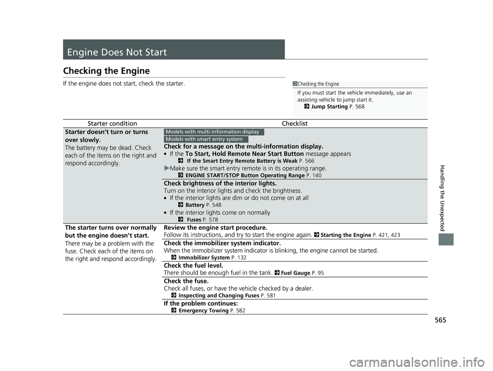 HONDA ACCORD SEDAN 2016 Owners Manual (in English) 565
Handling the Unexpected
Engine Does Not Start
Checking the Engine
If the engine does not start, check the starter.
Starter conditionChecklist
Starter doesn’t turn or turns
over slowly.
The batt HONDA ACCORD SEDAN 2016 Owners Manual (in English) 565
Handling the Unexpected
Engine Does Not Start
Checking the Engine
If the engine does not start, check the starter.
Starter conditionChecklist
Starter doesn’t turn or turns
over slowly.
The batt