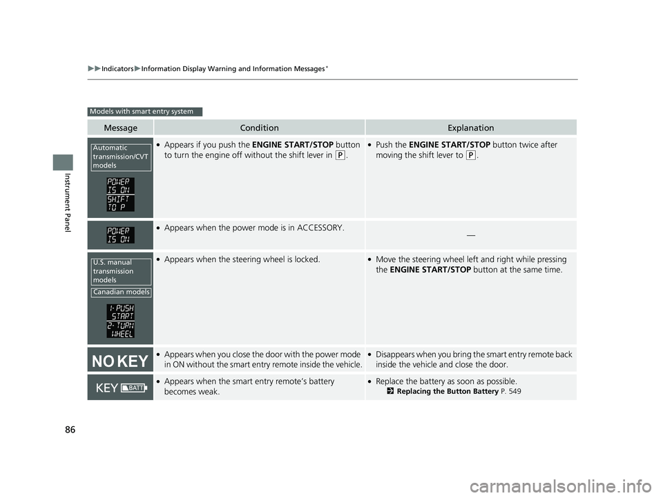 HONDA ACCORD SEDAN 2016  Owners Manual (in English) 86
uuIndicators uInformation Display Warning and Information Messages*
Instrument Panel
MessageConditionExplanation
●Appears if you push the  ENGINE START/STOP button 
to turn the engine off wi thou