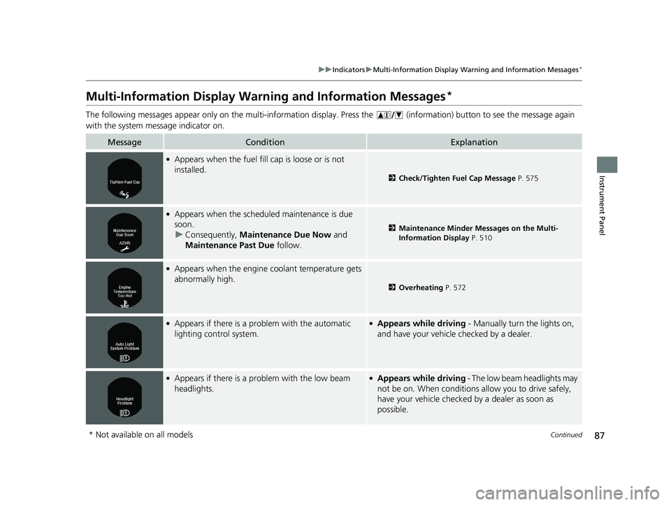 HONDA ACCORD SEDAN 2016  Owners Manual (in English) 87
uuIndicators uMulti-Information Display Warn ing and Information Messages*
Continued
Instrument Panel
Multi-Information Display Warn ing and Information Messages*
The following messages appear only
