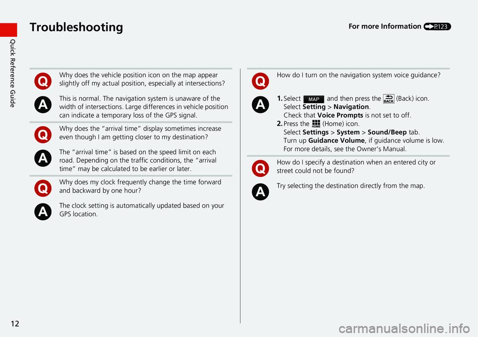 HONDA ACCORD SEDAN 2016 Navigation Manual (in English) 12
Quick Reference GuideTroubleshootingFor more Information (P123)
Why does the vehicle position icon on the map appear
slightly off my actual position, especially at intersections?
This is normal. T HONDA ACCORD SEDAN 2016 Navigation Manual (in English) 12
Quick Reference GuideTroubleshootingFor more Information (P123)
Why does the vehicle position icon on the map appear
slightly off my actual position, especially at intersections?
This is normal. T