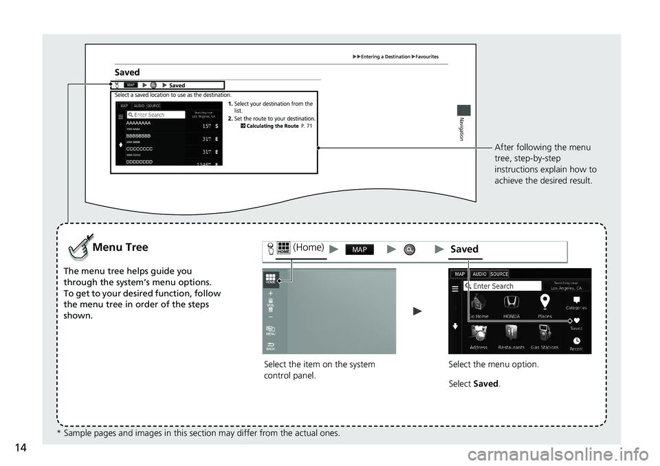 HONDA ACCORD SEDAN 2016 Navigation Manual (in English) 14
Select the item on the system
control panel.
Menu Tree
The menu tree helps guide you
through the system’s menu options.
To get to your desired function, follow
the menu tree in order of the st HONDA ACCORD SEDAN 2016 Navigation Manual (in English) 14
Select the item on the system
control panel.
Menu Tree
The menu tree helps guide you
through the system’s menu options.
To get to your desired function, follow
the menu tree in order of the st