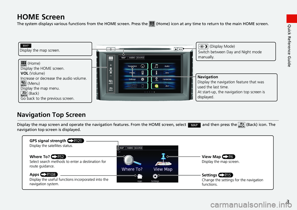 HONDA ACCORD SEDAN 2016  Navigation Manual (in English) 3
Quick Reference GuideHOME Screen   
The system displays various functions from the HOME screen. Press the  (Home) icon at any time to return to the main HOME screen.
Navigation Top Screen
Display th