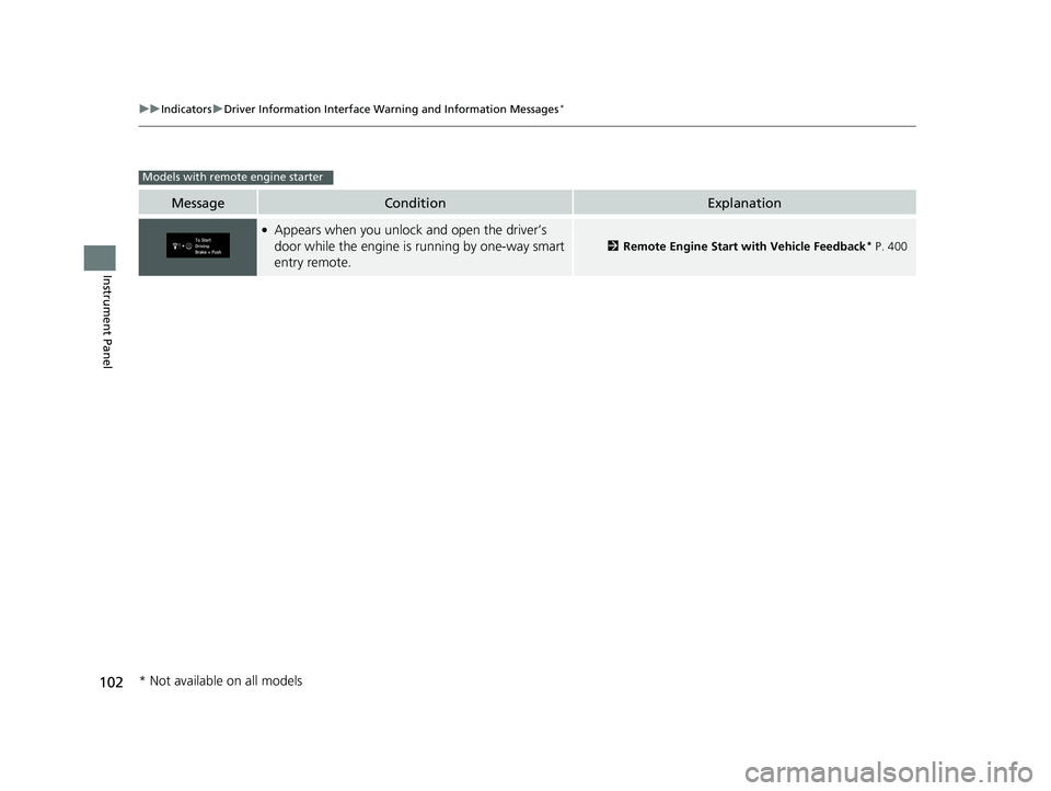 HONDA CIVIC SEDAN 2016 Owners Manual (in English) 102
uuIndicators uDriver Information Interface Wa rning and Information Messages*
Instrument Panel
MessageConditionExplanation
●Appears when you unlock and open the driver’s
door while the engine HONDA CIVIC SEDAN 2016 Owners Manual (in English) 102
uuIndicators uDriver Information Interface Wa rning and Information Messages*
Instrument Panel
MessageConditionExplanation
●Appears when you unlock and open the driver’s
door while the engine