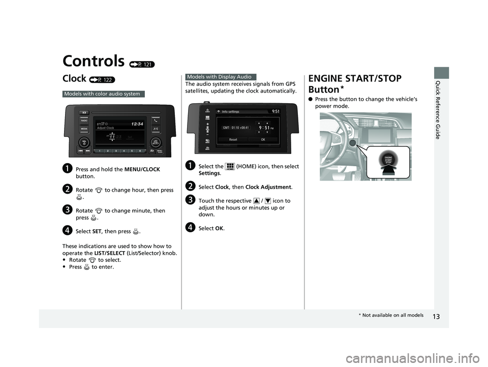 HONDA CIVIC SEDAN 2016   (in English) User Guide 13
Quick Reference Guide
Controls (P 121)
Clock (P 122)
aPress and hold the MENU/CLOCK 
button.
bRotate   to change hour, then press  .
cRotate   to change minute, then 
press .
dSelect  SET, then pre