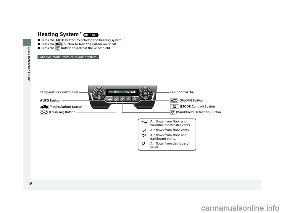 HONDA CIVIC SEDAN 2016   (in English) User Guide 16
Quick Reference Guide
Heating System* (P 187)
● Press the  AUTO button to activate  the heating system.
● Press the   button to turn the system on or off.
● Press the   button to defrost the 
