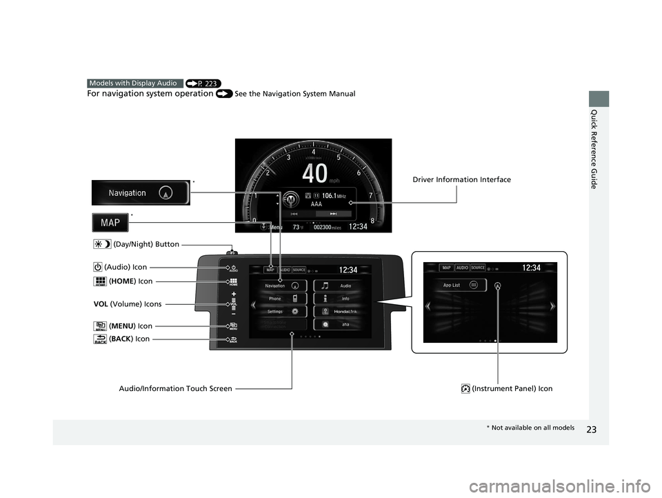 HONDA CIVIC SEDAN 2016   (in English) Owners Guide 23
Quick Reference Guide
Menu
 (P 223)
For navigation system operation () See the Navigation System Manual
Models with Display Audio
 (MENU ) Icon
VOL (Volume) Icons
 (
HOME ) Icon
 (BACK ) Icon
Audio