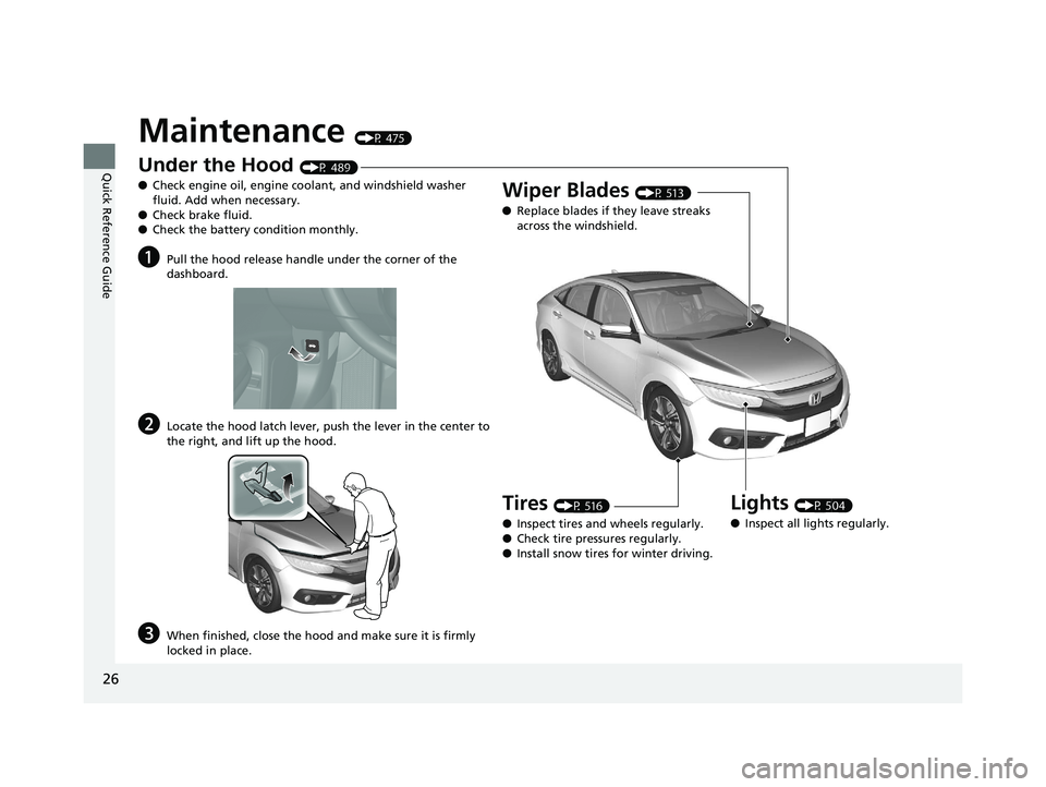 HONDA CIVIC SEDAN 2016   (in English) Owners Guide 26
Quick Reference Guide
Maintenance (P 475)
Under the Hood (P 489)
● Check engine oil, engine coolant, and windshield washer 
fluid. Add when necessary.
● Check brake fluid.
● Check the battery