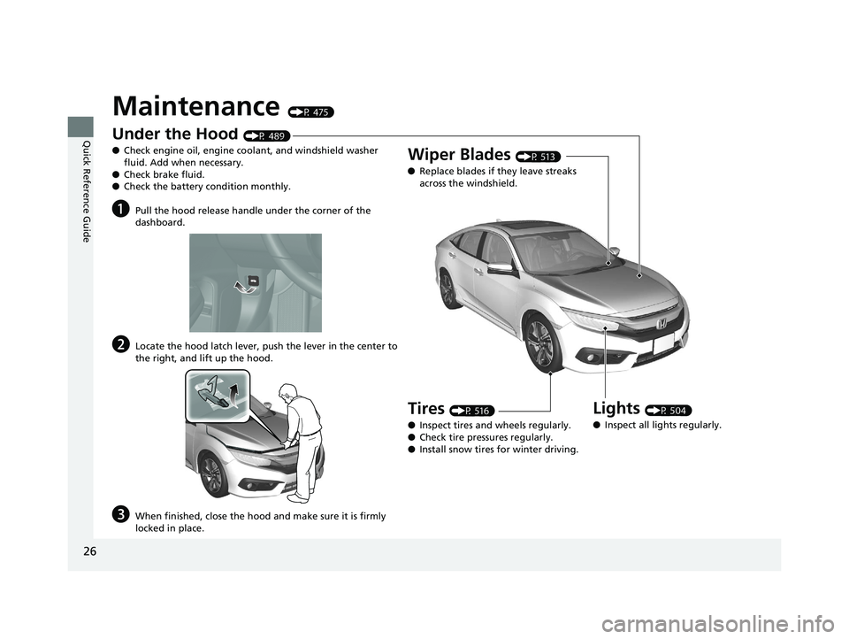 HONDA CIVIC SEDAN 2016 (in English) Owners Guide 26
Quick Reference Guide
Maintenance (P 475)
Under the Hood (P 489)
● Check engine oil, engine coolant, and windshield washer
fluid. Add when necessary.
● Check brake fluid.
● Check the battery HONDA CIVIC SEDAN 2016 (in English) Owners Guide 26
Quick Reference Guide
Maintenance (P 475)
Under the Hood (P 489)
● Check engine oil, engine coolant, and windshield washer
fluid. Add when necessary.
● Check brake fluid.
● Check the battery