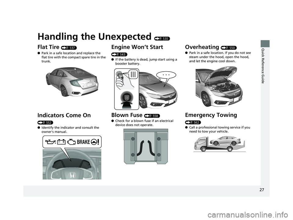 HONDA CIVIC SEDAN 2016   (in English) Owners Guide Quick Reference Guide
27
Handling the Unexpected (P 535)
Flat Tire (P 537)
● Park in a safe location and replace the 
flat tire with the comp act spare tire in the 
trunk.
Indicators Come On 
(P 552