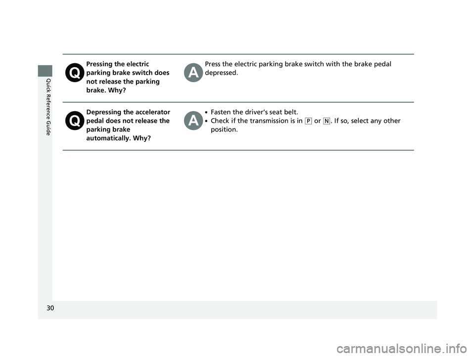 HONDA CIVIC SEDAN 2016  Owners Manual (in English) 30
Quick Reference Guide
Pressing the electric 
parking brake switch does 
not release the parking 
brake. Why?Press the electric parking brake switch with the brake pedal 
depressed.
Depressing the a