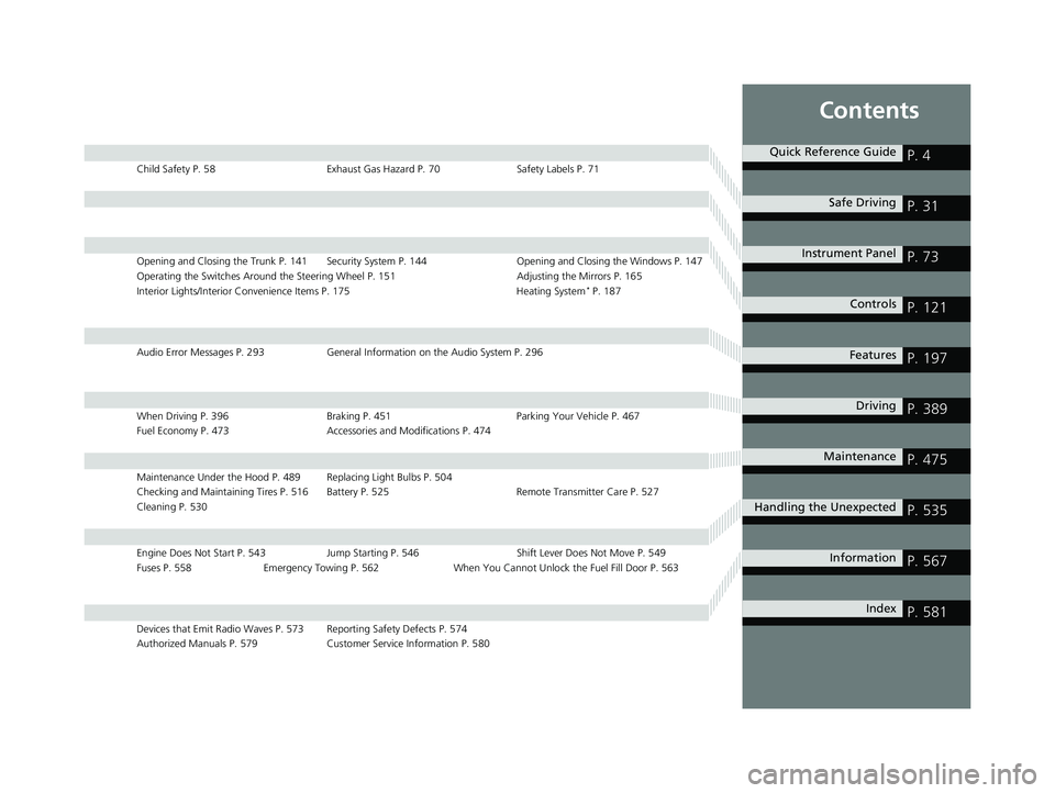 HONDA CIVIC SEDAN 2016 Owners Manual (in English) Contents
Child Safety P. 58Exhaust Gas Hazard P. 70Safety Labels P. 71
Opening and Closing the Trunk P. 141 Security System P. 144 Opening and Closing the Windows P. 147
Operating the Switches Around HONDA CIVIC SEDAN 2016 Owners Manual (in English) Contents
Child Safety P. 58Exhaust Gas Hazard P. 70Safety Labels P. 71
Opening and Closing the Trunk P. 141 Security System P. 144 Opening and Closing the Windows P. 147
Operating the Switches Around