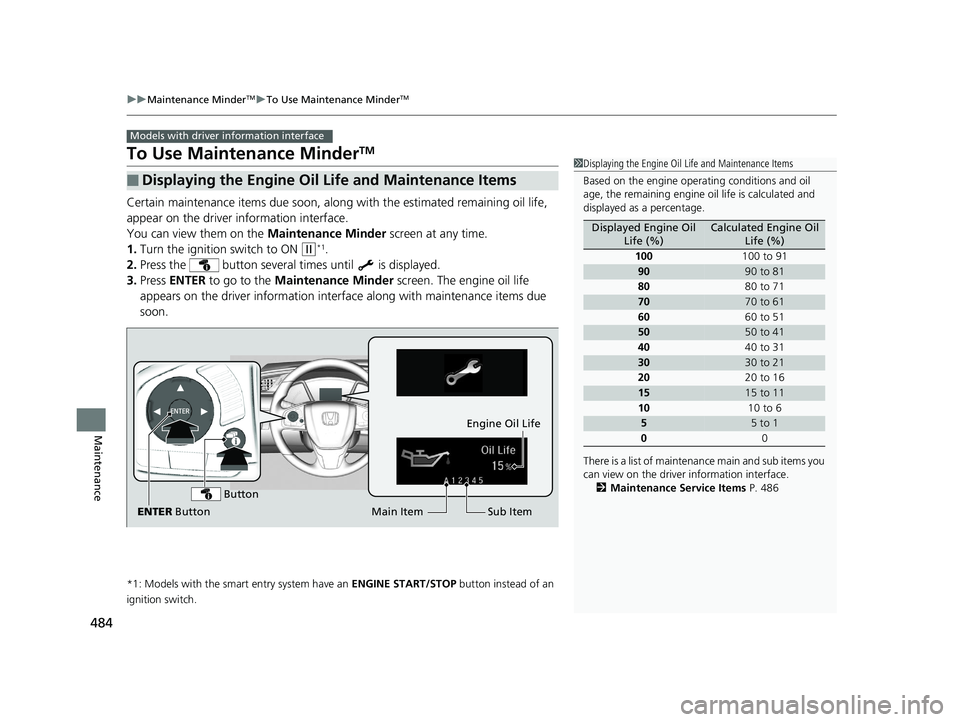 HONDA CIVIC SEDAN 2016 Owners Manual (in English) 484
uuMaintenance MinderTMuTo Use Maintenance MinderTM
Maintenance
To Use Maintenance MinderTM
Certain maintenance items due soon, along with the estimated remaining oil life,
appear on the driver i HONDA CIVIC SEDAN 2016 Owners Manual (in English) 484
uuMaintenance MinderTMuTo Use Maintenance MinderTM
Maintenance
To Use Maintenance MinderTM
Certain maintenance items due soon, along with the estimated remaining oil life,
appear on the driver i