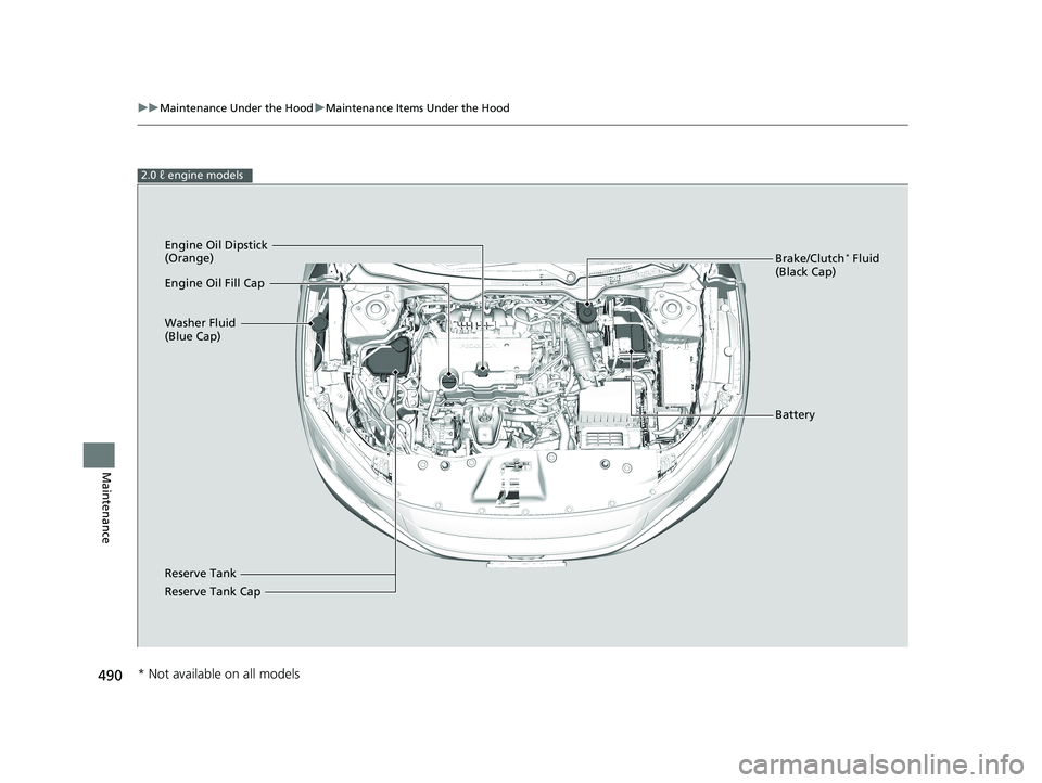 HONDA CIVIC SEDAN 2016 Owners Manual (in English) 490
uuMaintenance Under the Hood uMaintenance Items Under the Hood
Maintenance
2.0 ℓ engine models
Brake/Clutch* Fluid
(Black Cap)
Reserve Tank Washer Fluid
(Blue Cap) Engine Oil Dipstick
(Orange HONDA CIVIC SEDAN 2016 Owners Manual (in English) 490
uuMaintenance Under the Hood uMaintenance Items Under the Hood
Maintenance
2.0 ℓ engine models
Brake/Clutch* Fluid
(Black Cap)
Reserve Tank Washer Fluid
(Blue Cap) Engine Oil Dipstick
(Orange