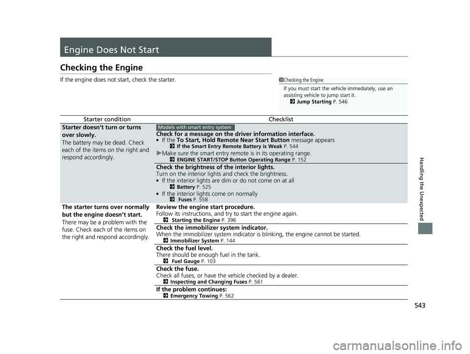 HONDA CIVIC SEDAN 2016 Owners Manual (in English) 543
Handling the Unexpected
Engine Does Not Start
Checking the Engine
If the engine does not start, check the starter.
Starter conditionChecklist
Starter doesn’t turn or turns
over slowly.
The batt HONDA CIVIC SEDAN 2016 Owners Manual (in English) 543
Handling the Unexpected
Engine Does Not Start
Checking the Engine
If the engine does not start, check the starter.
Starter conditionChecklist
Starter doesn’t turn or turns
over slowly.
The batt