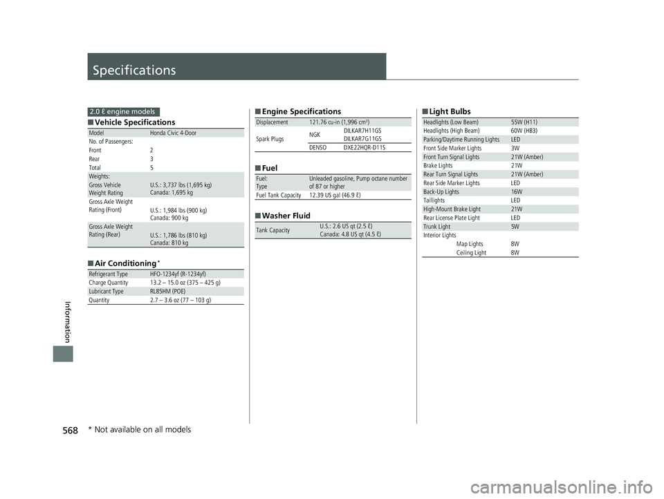 HONDA CIVIC SEDAN 2016 Owners Manual (in English) 568
Information
Specifications
■Vehicle Specifications
■ Air Conditioning
*
ModelHonda Civic 4-Door
No. of Passengers:
Front 2
Rear 3
Total 5
Weights:Gross Vehicle
Weight Rating U.S.: 3,737 lbs ( HONDA CIVIC SEDAN 2016 Owners Manual (in English) 568
Information
Specifications
■Vehicle Specifications
■ Air Conditioning
*
ModelHonda Civic 4-Door
No. of Passengers:
Front 2
Rear 3
Total 5
Weights:Gross Vehicle
Weight Rating U.S.: 3,737 lbs (