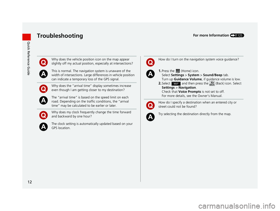 HONDA CIVIC SEDAN 2016 Navigation Manual (in English) 12
Quick Reference GuideTroubleshootingFor more Information (P125)
Why does the vehicle position icon on the map appear
slightly off my actual position, especially at intersections?
This is normal. T HONDA CIVIC SEDAN 2016 Navigation Manual (in English) 12
Quick Reference GuideTroubleshootingFor more Information (P125)
Why does the vehicle position icon on the map appear
slightly off my actual position, especially at intersections?
This is normal. T