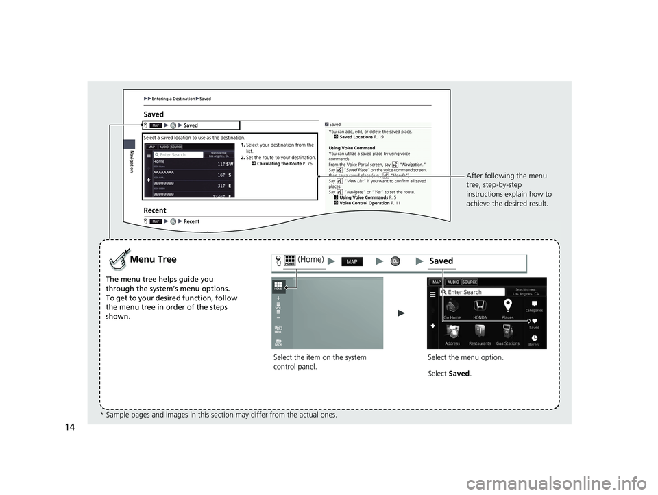 HONDA CIVIC SEDAN 2016 Navigation Manual (in English) 14
Select the item on the system
control panel.
Menu Tree
The menu tree helps guide you
through the system’s menu options.
To get to your desired function, follow
the menu tree in order of the st HONDA CIVIC SEDAN 2016 Navigation Manual (in English) 14
Select the item on the system
control panel.
Menu Tree
The menu tree helps guide you
through the system’s menu options.
To get to your desired function, follow
the menu tree in order of the st