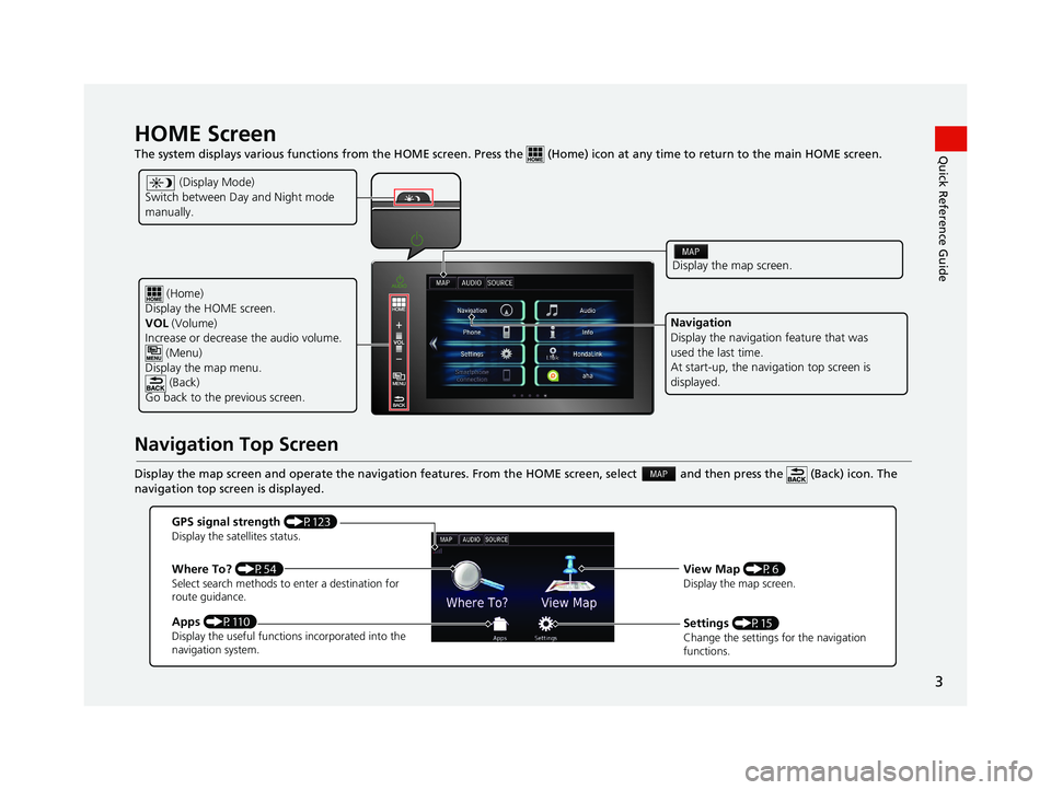 HONDA CIVIC SEDAN 2016  Navigation Manual (in English) 3
Quick Reference GuideHOME Screen   
The system displays various functions from the HOME screen. Press the   (Home) icon at  any time to return to the main HOME scree n.
Navigation Top Screen
Display