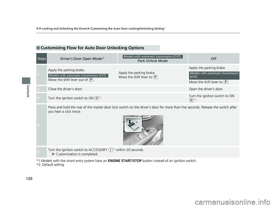 HONDA CIVIC SEDAN 2014  Owners Manual (in English) 120
uuLocking and Unlocking the Doors uCustomizing the Auto Door Locking/Unlocking Setting*
Controls
*1:Models with the smart entry system have an  ENGINE START/STOP button instead of an ignition swit