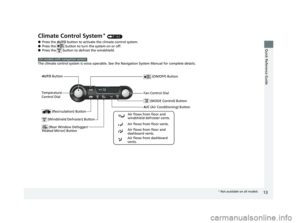 HONDA CIVIC SEDAN 2014 (in English) User Guide 13
Quick Reference Guide
Climate Control System* (P165)
● Press the AUTO button to activate th e climate control system.
● Press the button to tu rn the system on or off.
● Press the button HONDA CIVIC SEDAN 2014 (in English) User Guide 13
Quick Reference Guide
Climate Control System* (P165)
● Press the AUTO button to activate th e climate control system.
● Press the button to tu rn the system on or off.
● Press the button