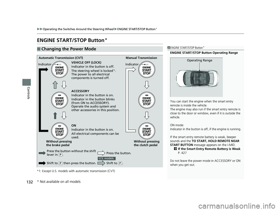 HONDA CIVIC SEDAN 2014  Owners Manual (in English) 132
uuOperating the Switches Around the Steering Wheel uENGINE START/STOP Button*
Controls
ENGINE START/STOP Button*
*1: Except U.S. models with  automatic transmission (CVT)
■Changing the Power Mod