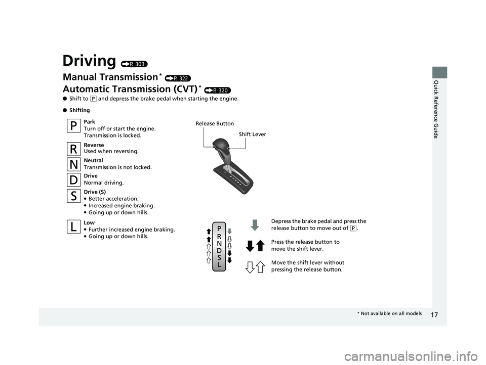 HONDA CIVIC SEDAN 2014 (in English) User Guide 17
Quick Reference Guide
Driving (P 303)
Release ButtonShift Lever
Depress the brake pedal and press the
release button to move out of
(P.
Move the shift lever without
pressing the release button. HONDA CIVIC SEDAN 2014 (in English) User Guide 17
Quick Reference Guide
Driving (P 303)
Release ButtonShift Lever
Depress the brake pedal and press the
release button to move out of
(P.
Move the shift lever without
pressing the release button.