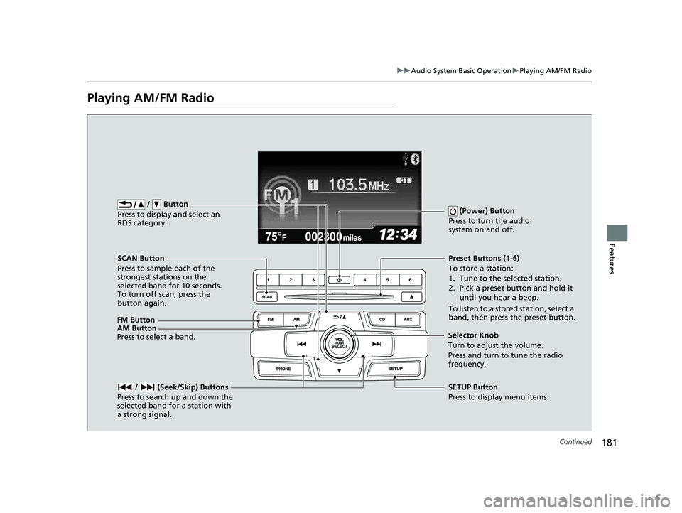 HONDA CIVIC SEDAN 2014  Owners Manual (in English) 181
uuAudio System Basic Operation uPlaying AM/FM Radio
Continued
Features
Playing AM/FM Radio
002300
75°F miles
FM Button /   Button
Press to display and select an 
RDS category.
SCAN Button
Press t