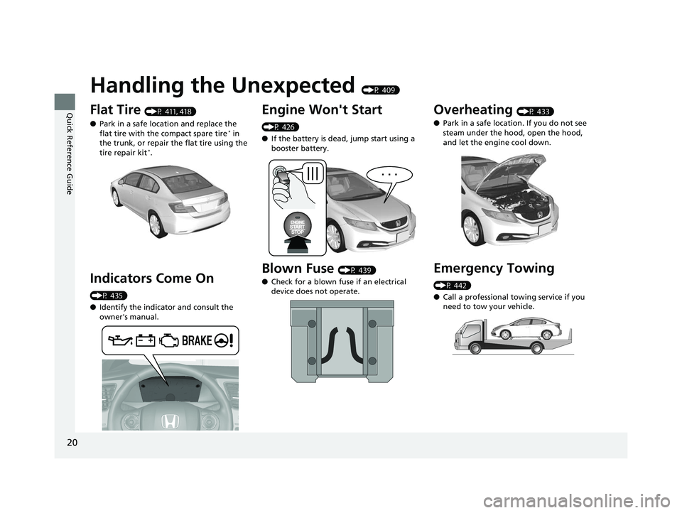 HONDA CIVIC SEDAN 2014  Owners Manual (in English) 20
Quick Reference Guide
Handling the Unexpected (P 409)
Flat Tire (P 411, 418)
● Park in a safe location and replace the 
flat tire with the compact spare tire
* in 
the trunk, or repair the flat t