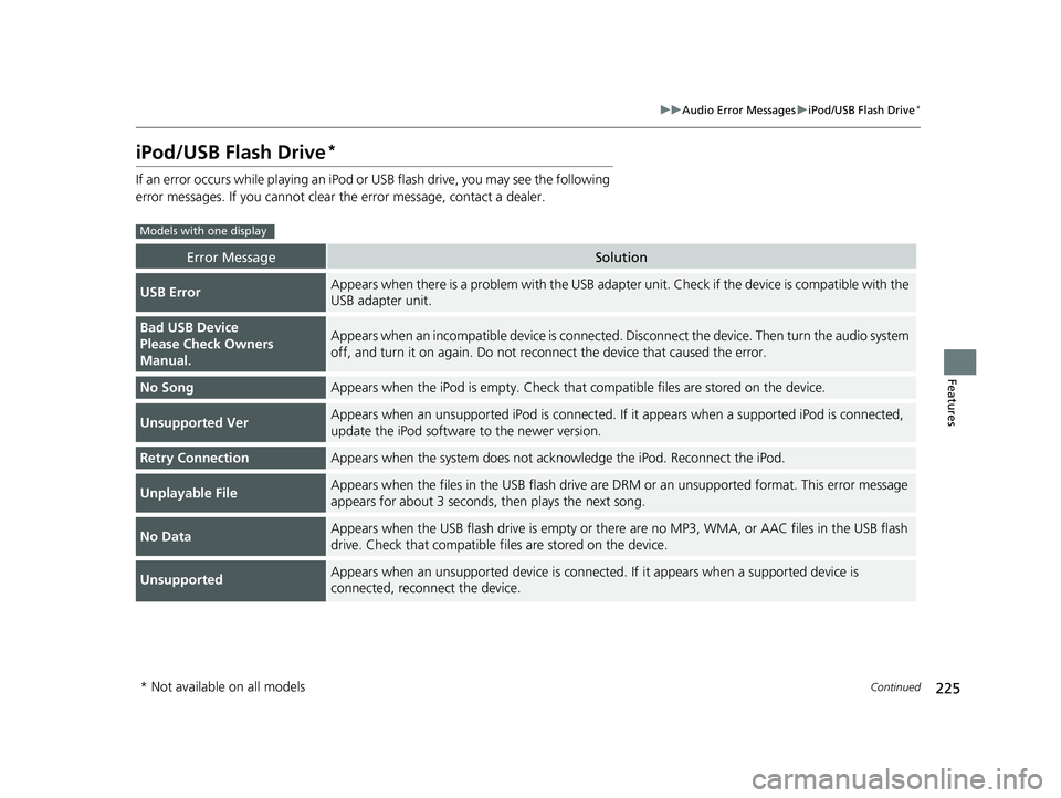 HONDA CIVIC SEDAN 2014  Owners Manual (in English) 225
uuAudio Error Messages uiPod/USB Flash Drive*
Continued
Features
iPod/USB Flash Drive*
If an error occurs while playing an iPod or  USB flash drive, you may see the following 
error messages. If y