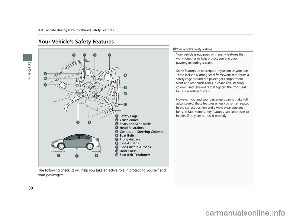 HONDA CIVIC SEDAN 2014 (in English) Owners Guide 30
uuFor Safe Driving uYour Vehicle's Safety Features
Safe Driving
Your Vehicle's Safety Features
The following checklist will help you take an active role in protecting yourself and
your pa HONDA CIVIC SEDAN 2014 (in English) Owners Guide 30
uuFor Safe Driving uYour Vehicle's Safety Features
Safe Driving
Your Vehicle's Safety Features
The following checklist will help you take an active role in protecting yourself and
your pa